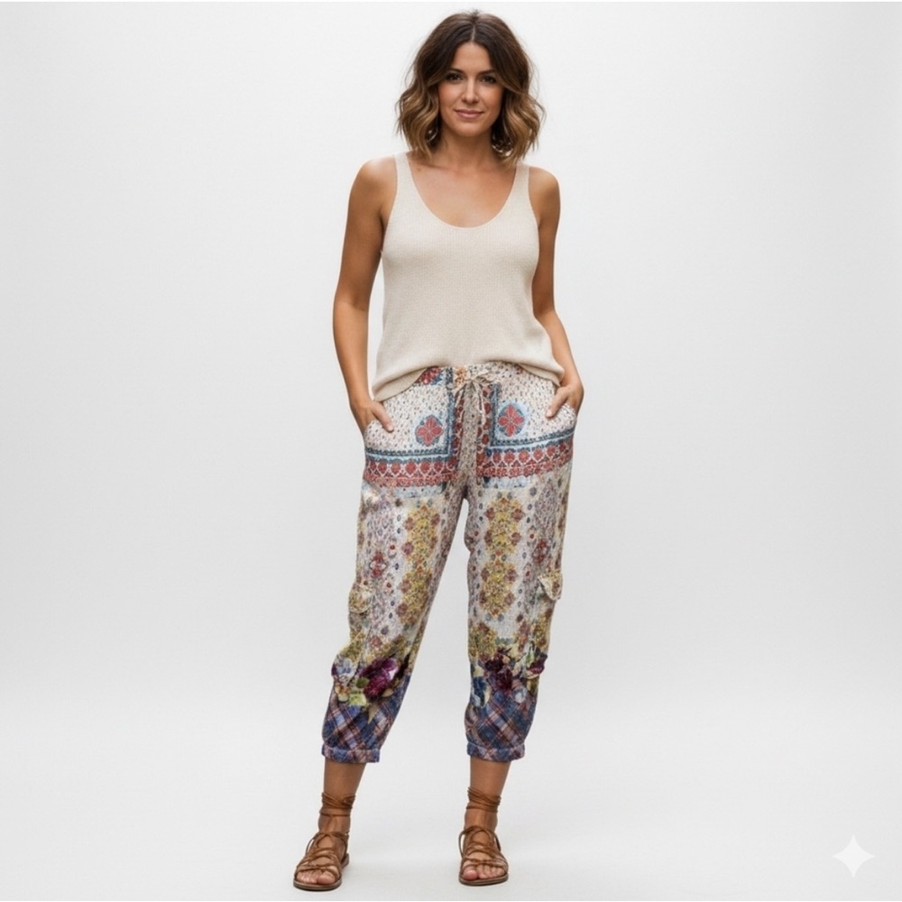 Johnny Was Multicolored Bohemian Cargo Drawstring Pants Size M